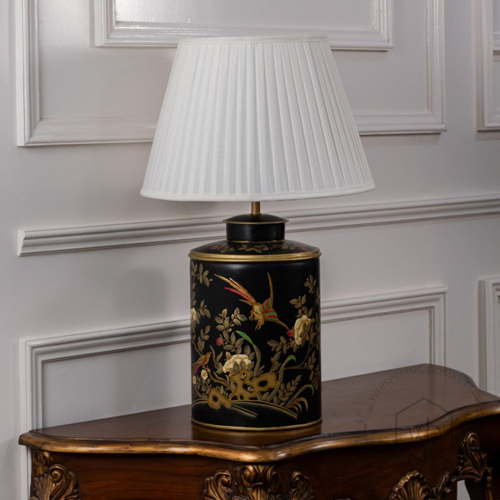 Gilded Phoenix Black Metal Table Lamp with White Pleated Lamp shade Light Off White Background