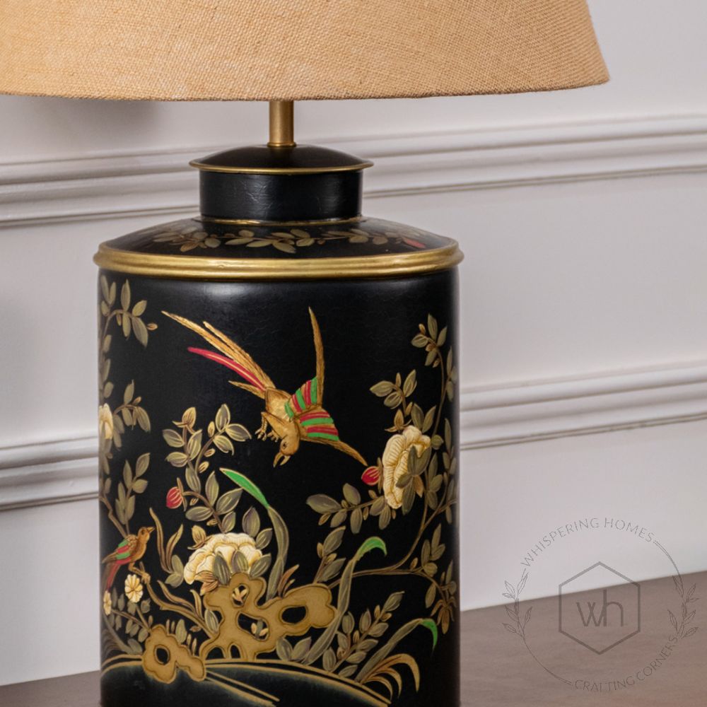 Gilded Phoenix Black Metal Table Lamp with Beige Linen Lamp shade Closeup