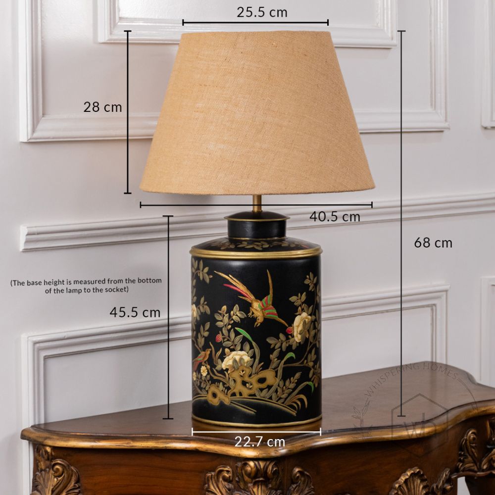 Gilded Phoenix Black Metal Table Lamp with Beige Linen Lamp shade Dimensions