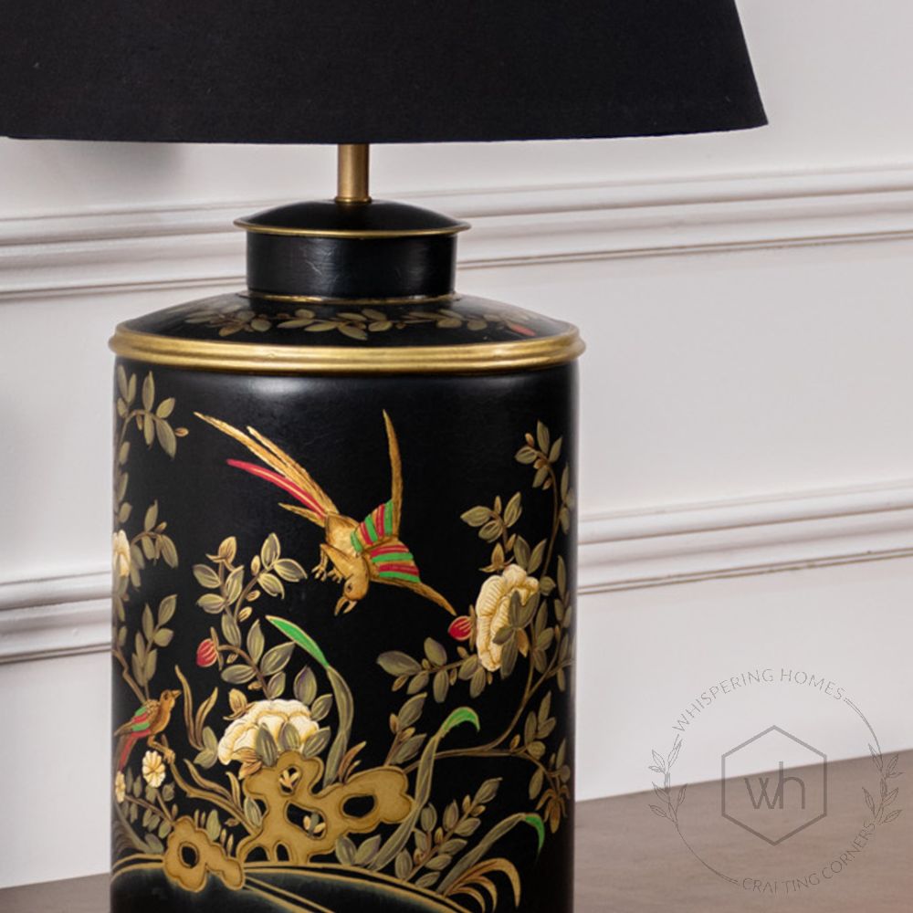 Gilded Phoenix Black Metal Table Lamp with Black Linen Lamp shade Closeup