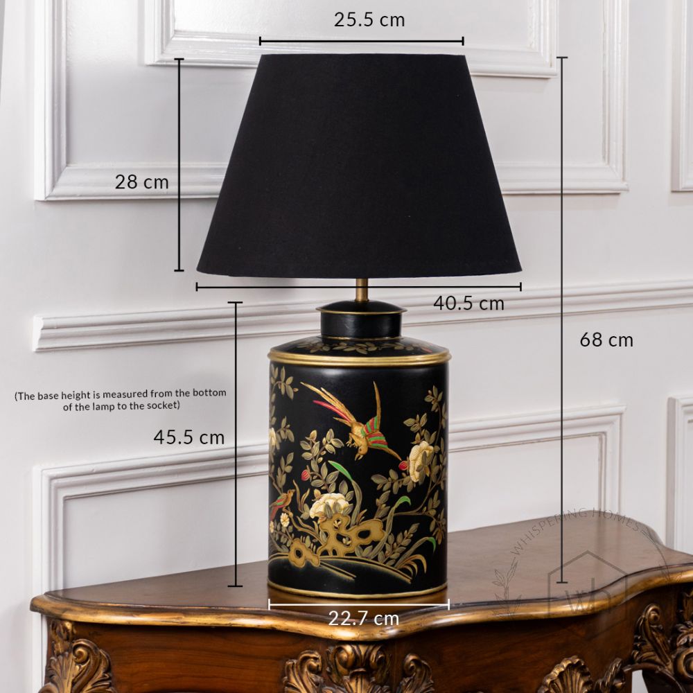 Gilded Phoenix Black Metal Table Lamp with Black Linen Lamp shade Dimensions