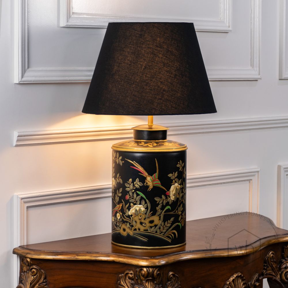 Gilded Phoenix Black Metal Table Lamp with Black Linen Lamp shade Light On White Background