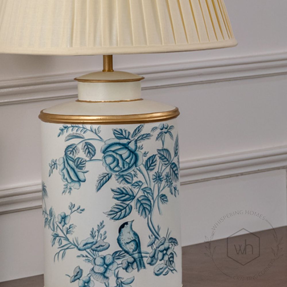 Indigo Chintz Metal Table Lamp with Off White Pleated Lamp shade Closeup