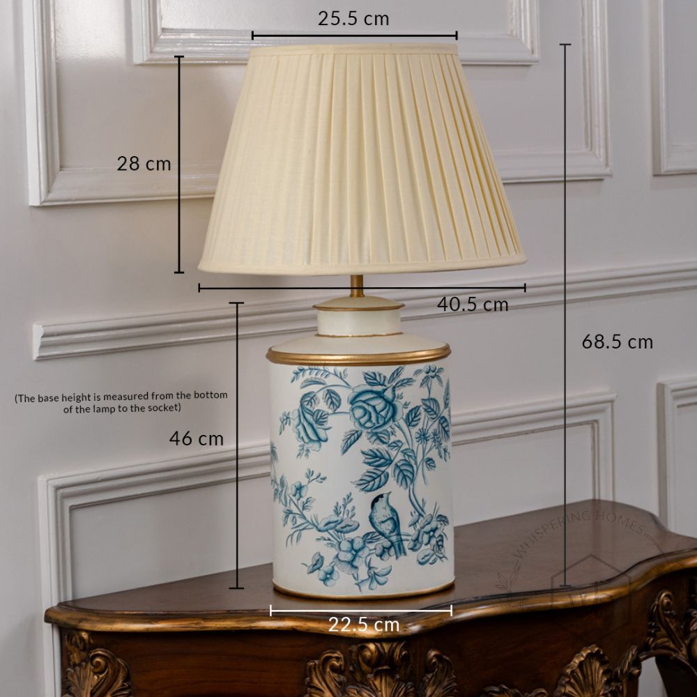 Indigo Chintz Metal Table Lamp with Off White Pleated Lamp shade Dimensions