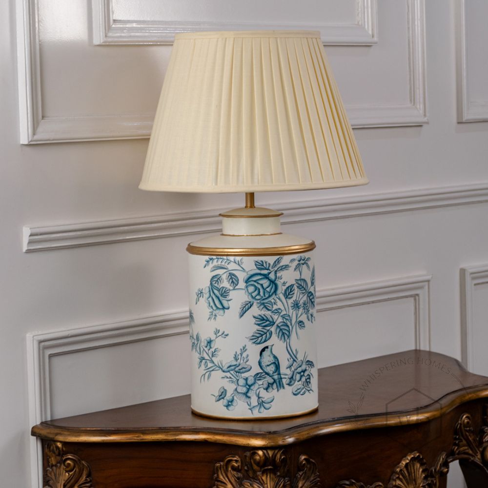 Indigo Chintz Metal Table Lamp with Off White Pleated Lamp shade Light Off White Background