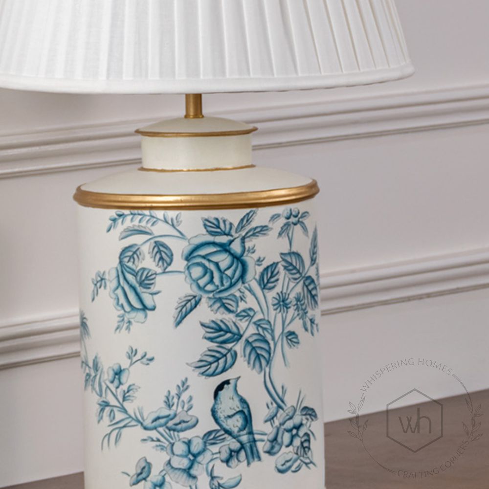 Indigo Chintz Metal Table Lamp with White Pleated Lamp shade Closeup