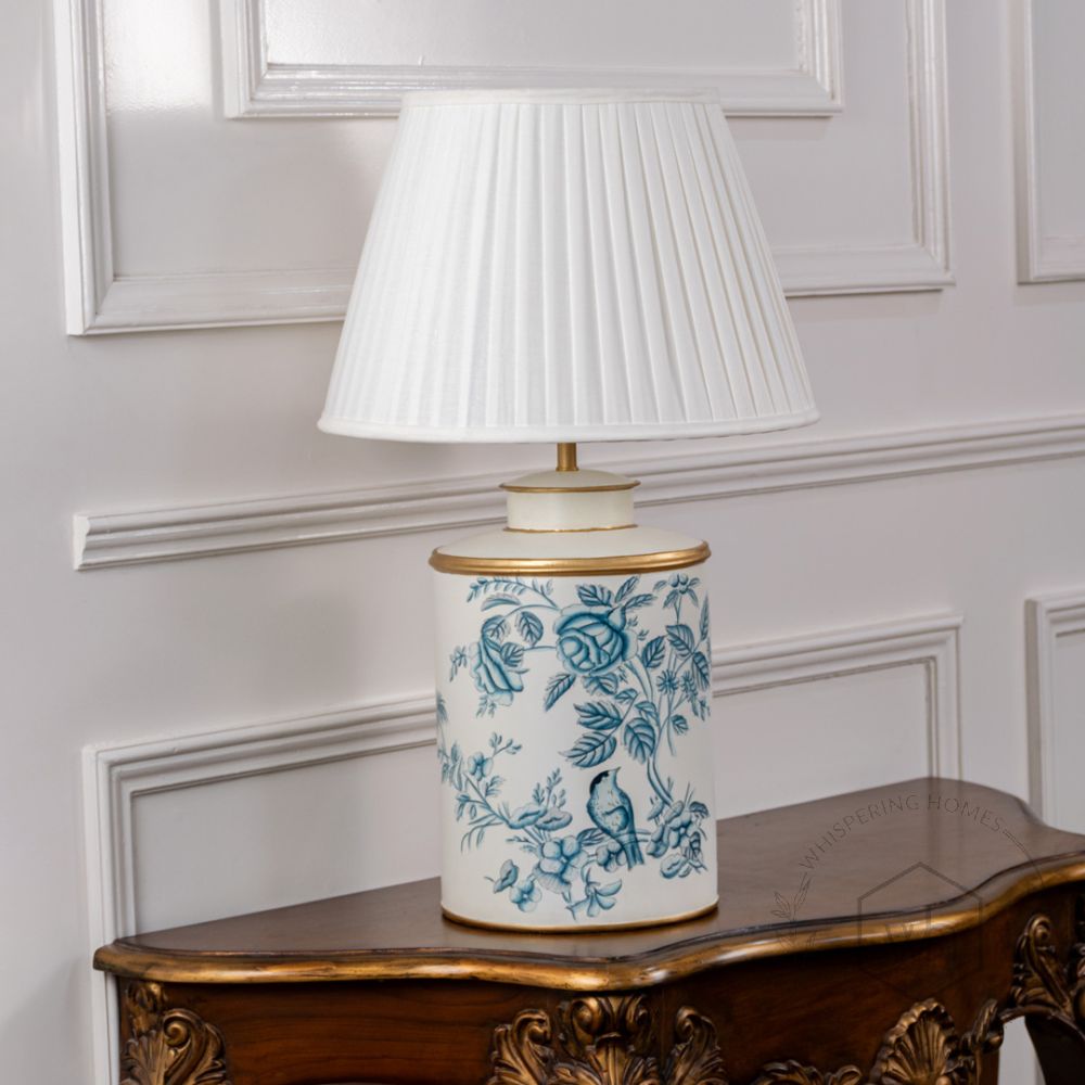 Indigo Chintz Metal Table Lamp with White Pleated Lamp shade Light Off White Background