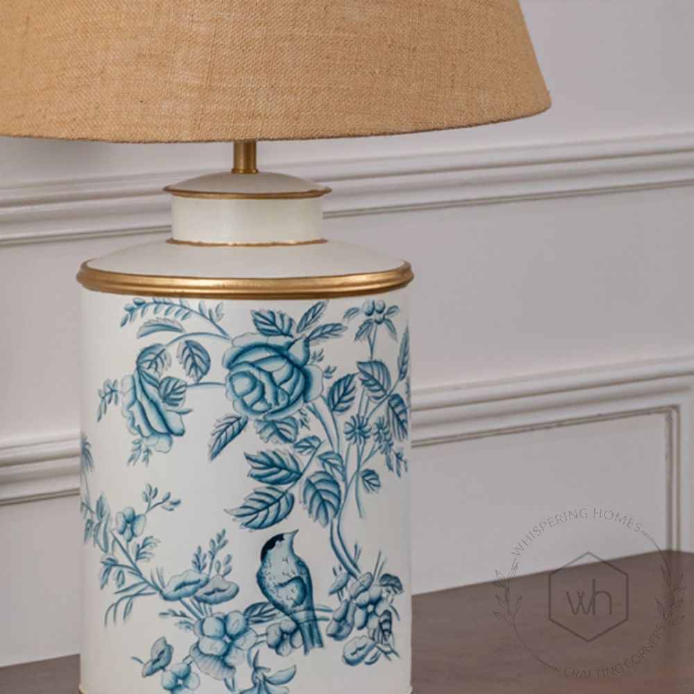 Indigo Chintz Metal Table Lamp with Beige Linen Lamp shade Closeup