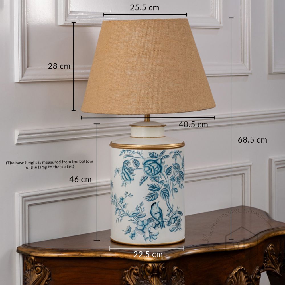 Indigo Chintz Metal Table Lamp with Beige Linen Lamp shade Dimensions