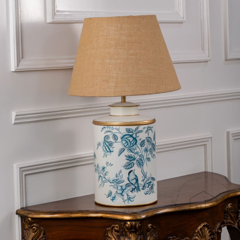 Indigo Chintz Metal Table Lamp with Beige Linen Lamp shade Light Off White Background