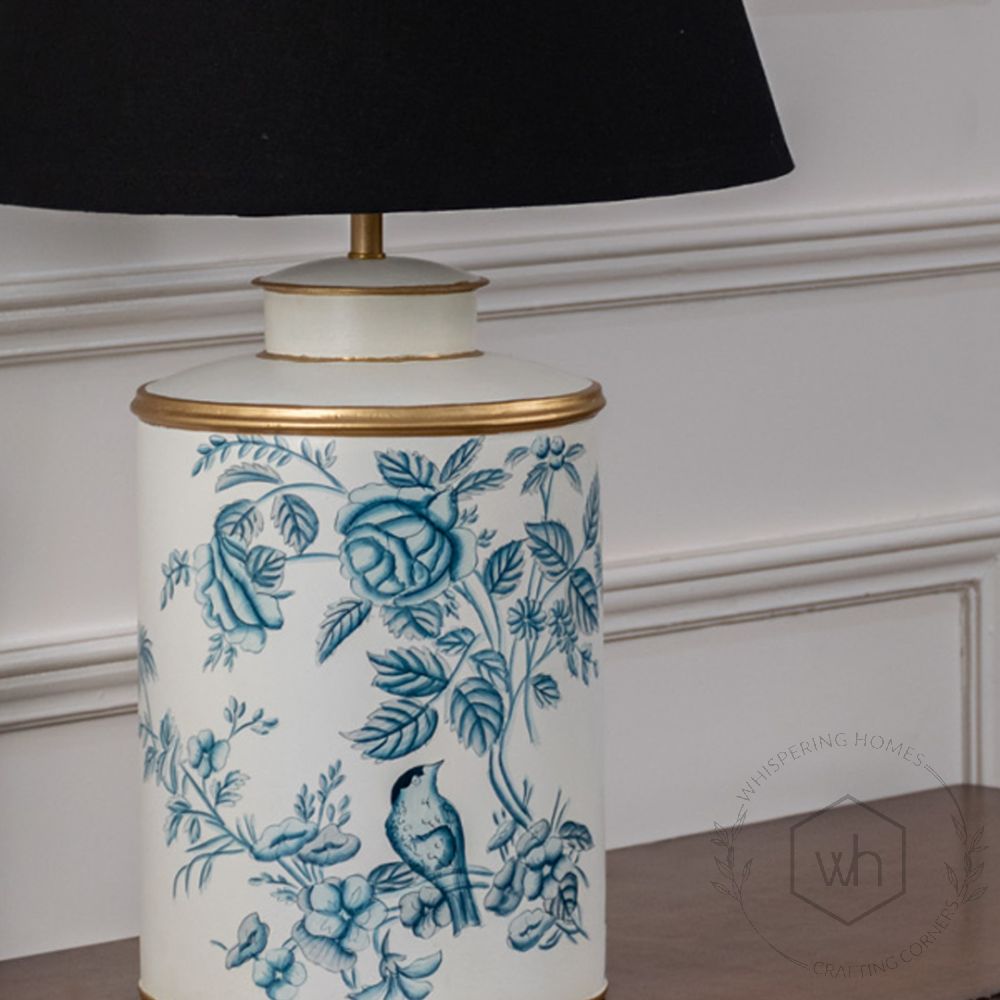 Indigo Chintz Metal Table Lamp with Black Linen Lamp shade Closeup