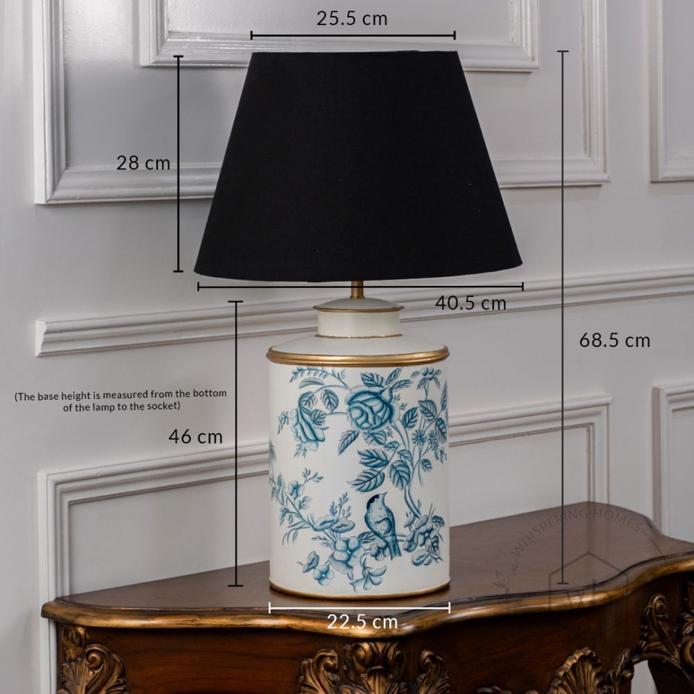 Indigo Chintz Metal Table Lamp with Black Linen Lamp shade Dimensions