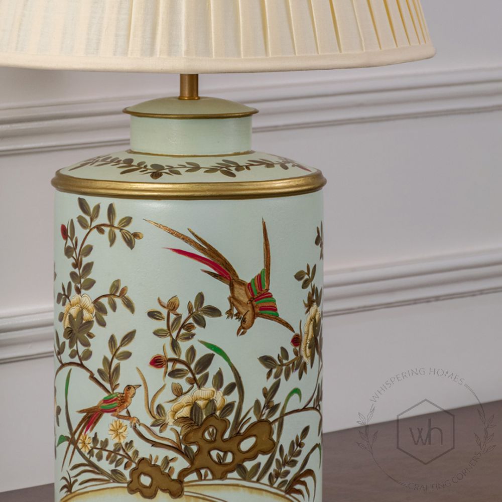 Gilded Phoenix Green Metal Table Lamp with Off White Pleated Lamp shade Closeup