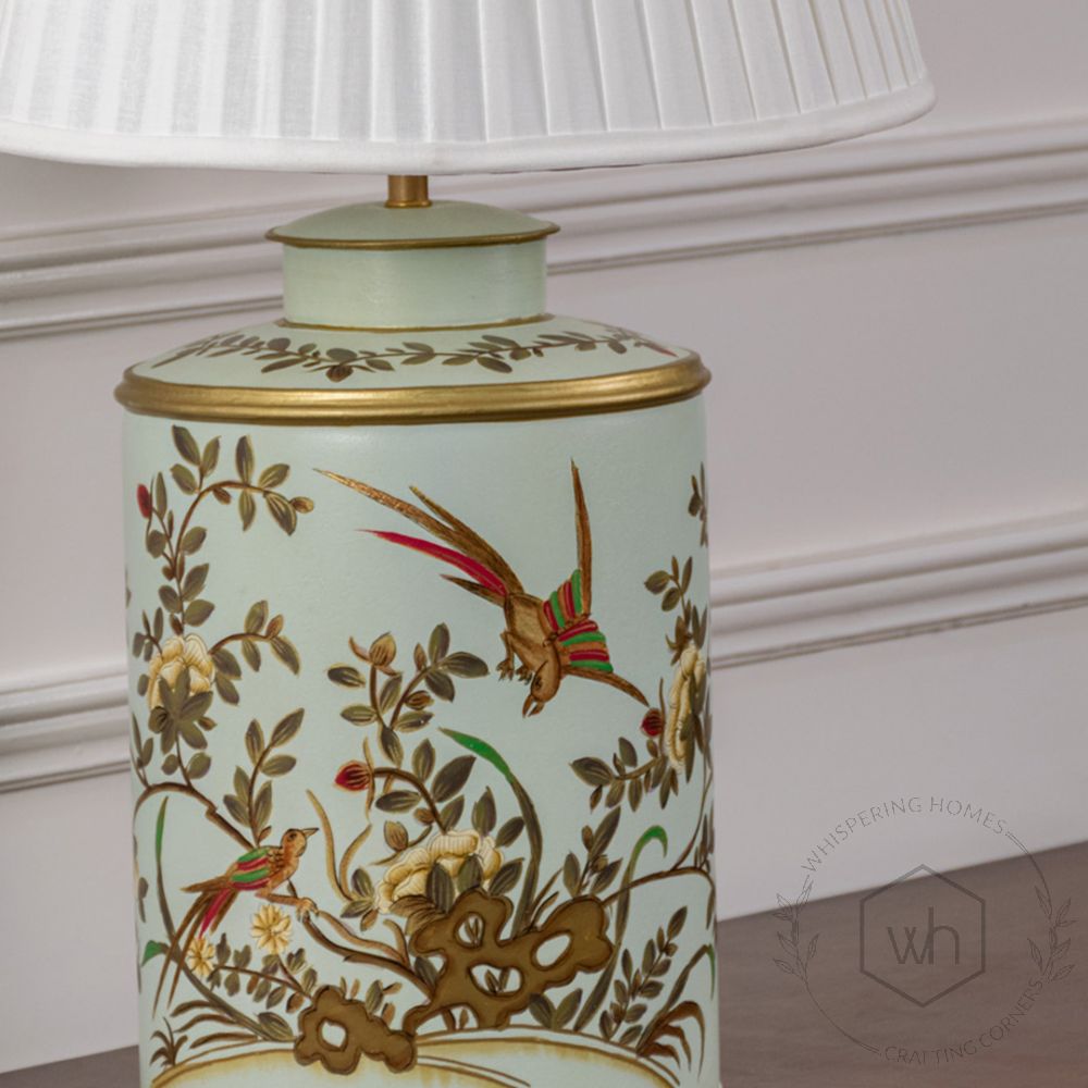 Gilded Phoenix Green Metal Table Lamp with White Pleated Lamp shade Closeup