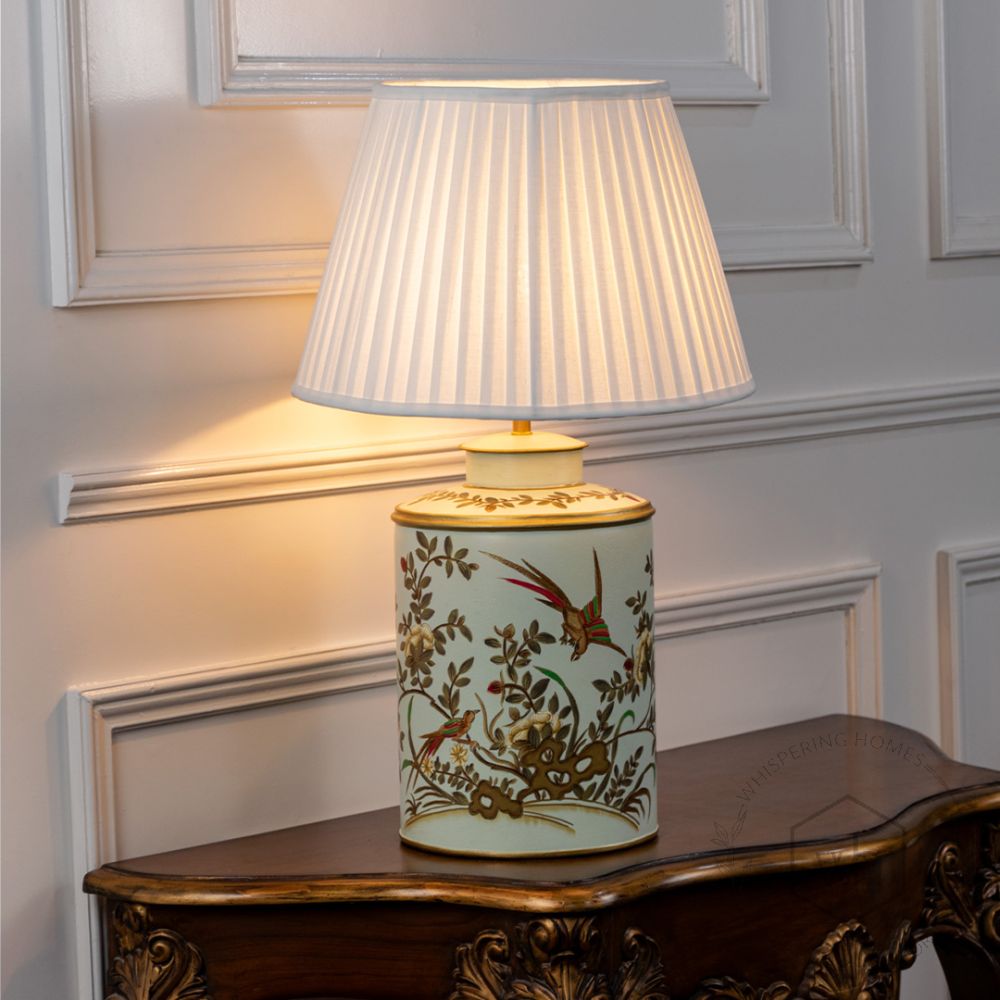 Gilded Phoenix Green Metal Table Lamp with White Pleated Lamp shade Light On White Background