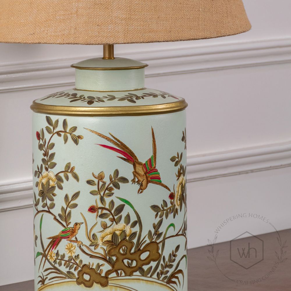 Gilded Phoenix Green Metal Table Lamp with Beige Linen Lamp shade Closeup