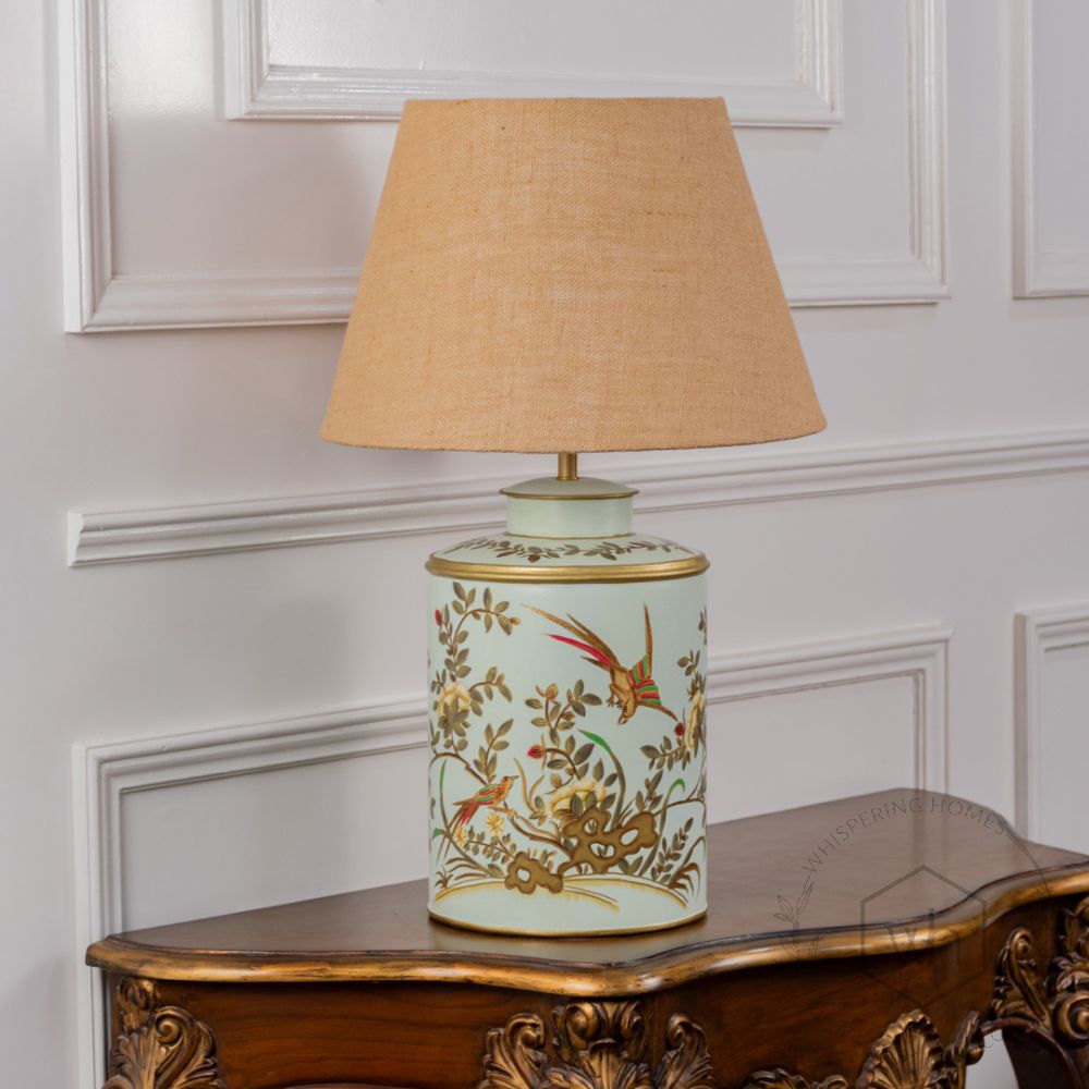 Gilded Phoenix Green Metal Table Lamp with Beige Linen Lamp shade Light Off White Background