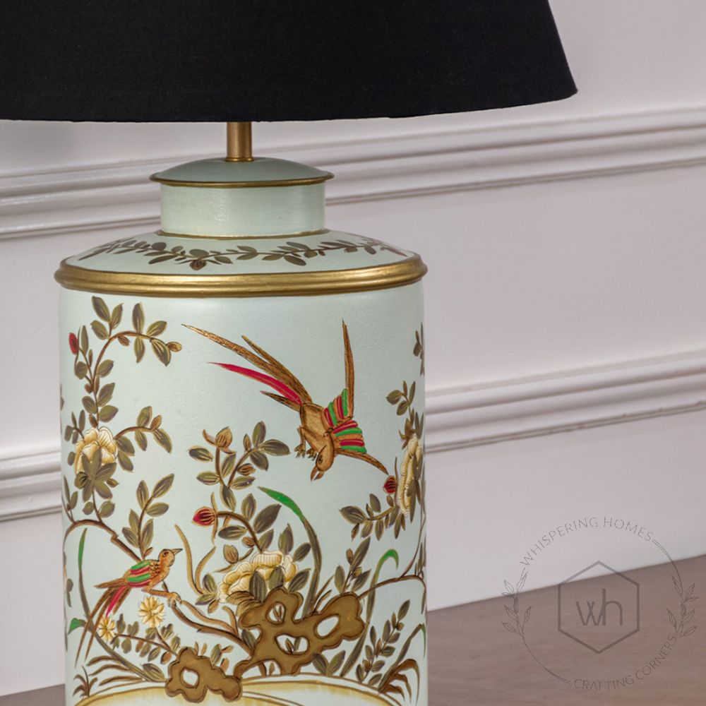 Gilded Phoenix Green Metal Table Lamp with Black Linen Lamp shade Closeup