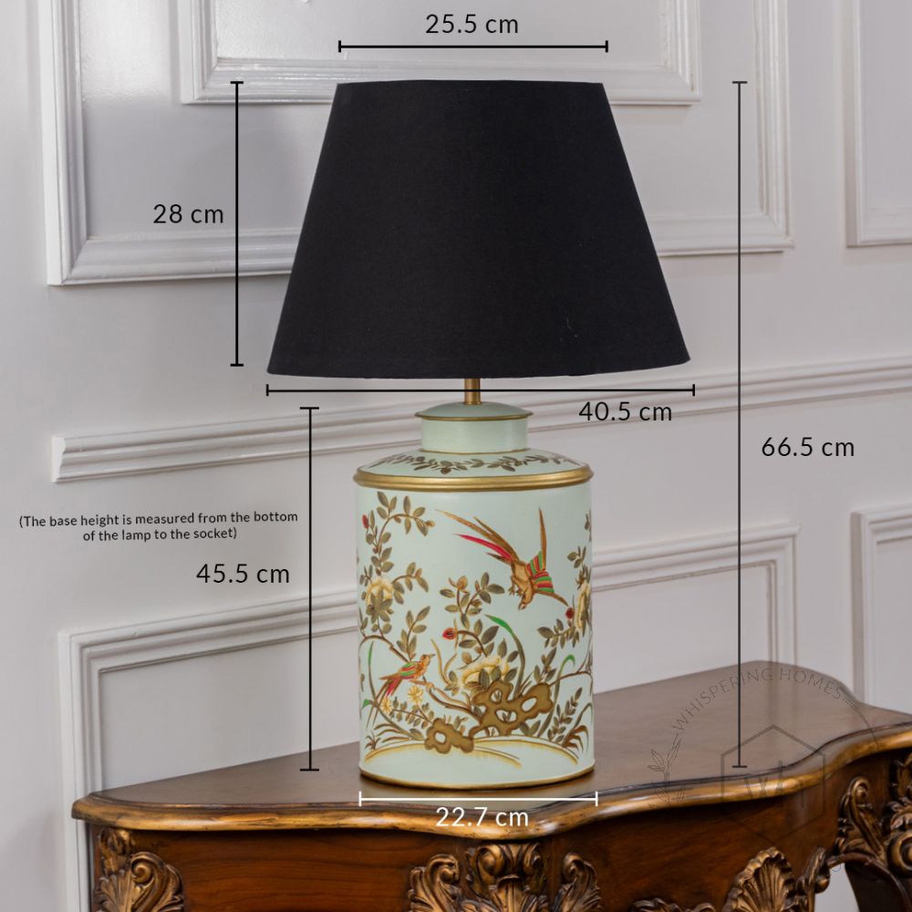 Gilded Phoenix Green Metal Table Lamp with Black Linen Lamp shade Dimensions