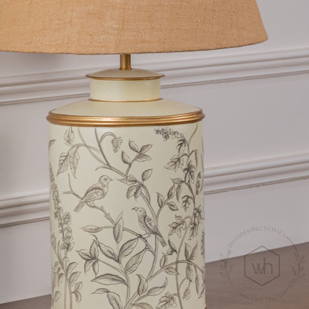 Garden Dusk Metal Table Lamp with Beige Linen Lamp shade Closeup