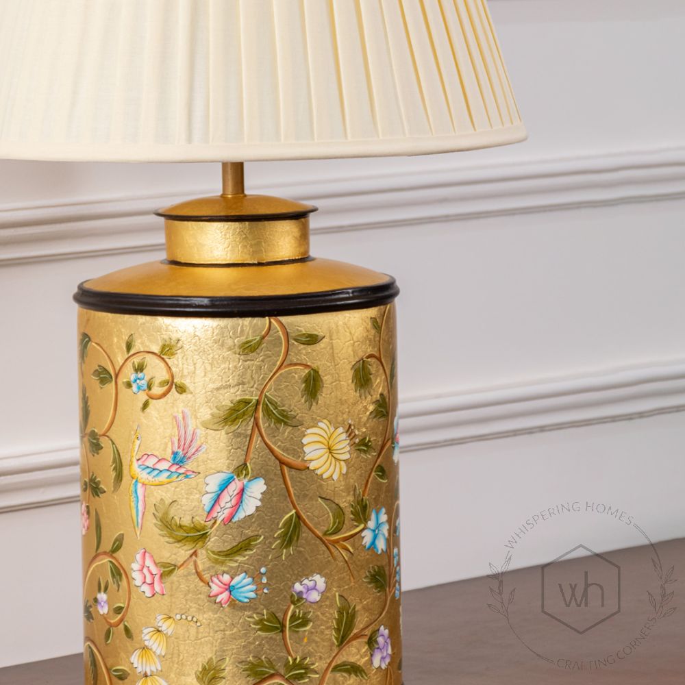 Oriental Orchard Gold Metal Table Lamp with Off White Pleated Lamp shade Closeup