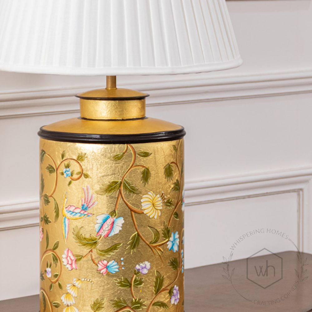 Oriental Orchard Gold Metal Table Lamp with White Pleated Lamp shade Closeup