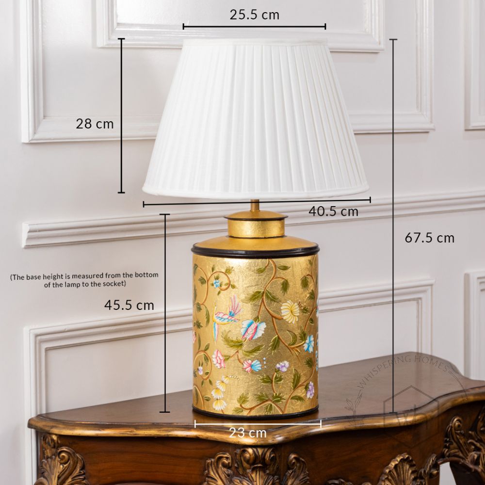 Oriental Orchard Gold Metal Table Lamp with White Pleated Lamp shade Dimensions