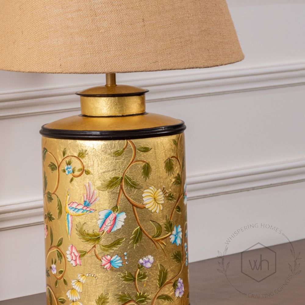 Oriental Orchard Gold Metal Table Lamp with Beige Linen Lamp shade Closeup