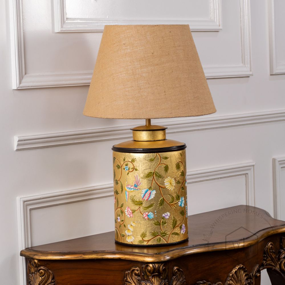 Oriental Orchard Gold Metal Table Lamp with Beige Linen Lamp shade Light Off White Background