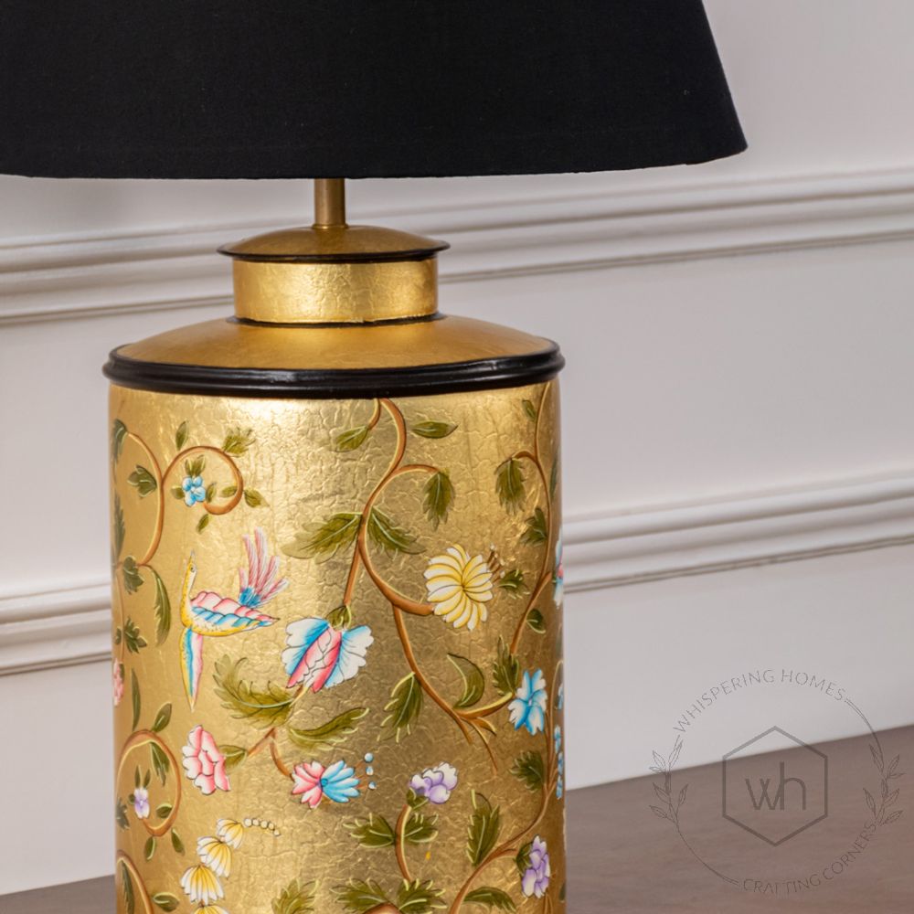 Oriental Orchard Gold Metal Table Lamp with Black Linen Lamp shade Closeup