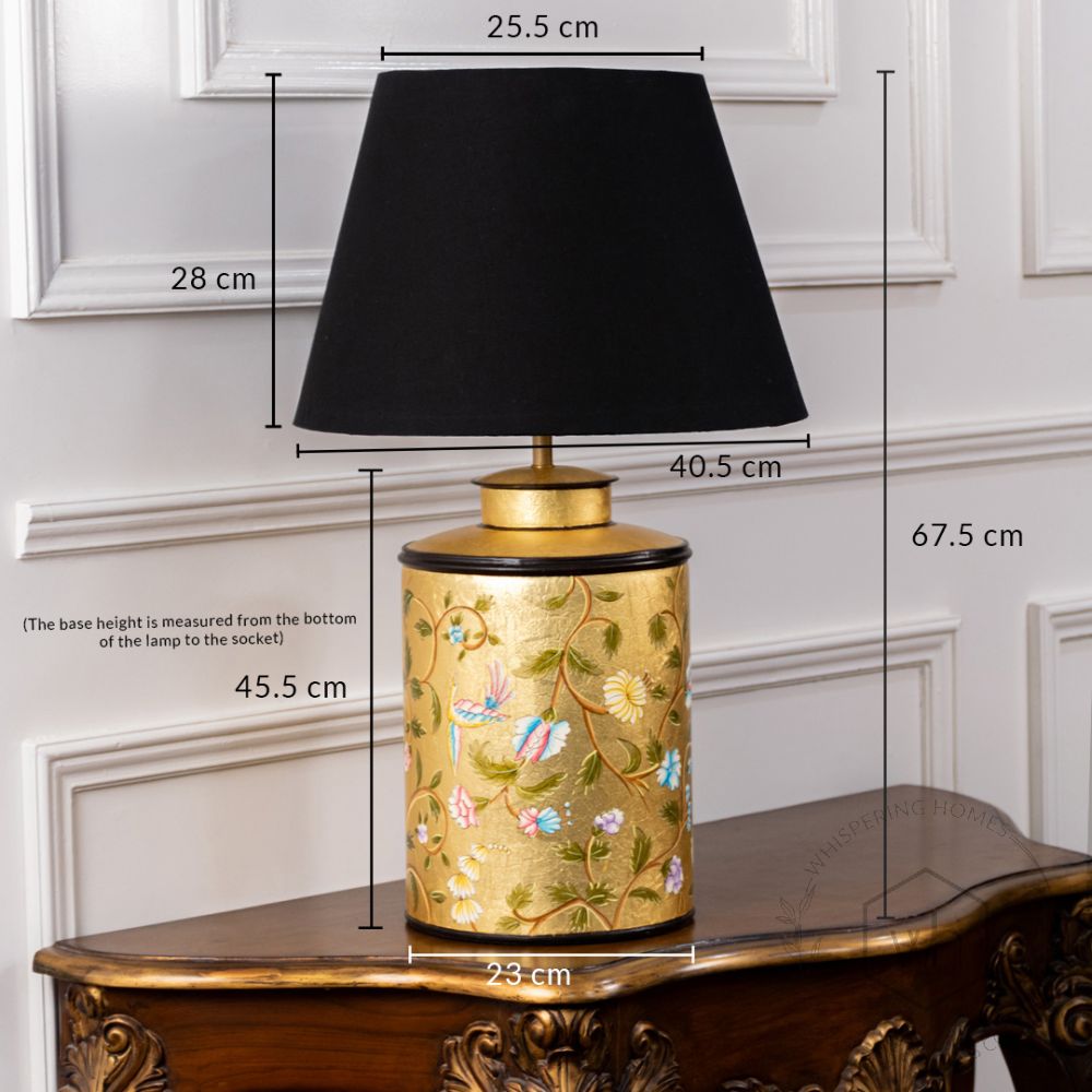 Oriental Orchard Gold Metal Table Lamp with Black Linen Lamp shade Dimensions