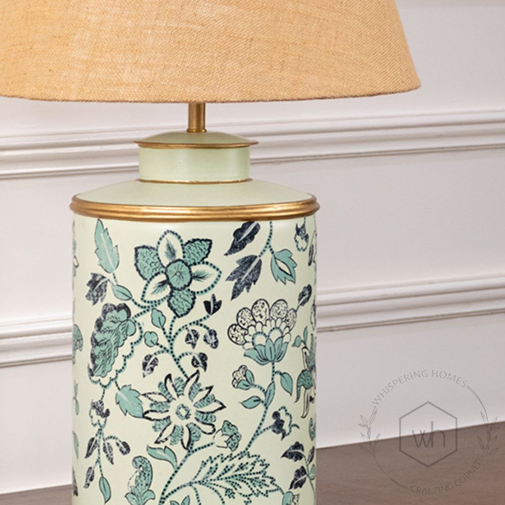 Wild Roses Metal Table Lamp with Beige Linen Lamp shade Closeup