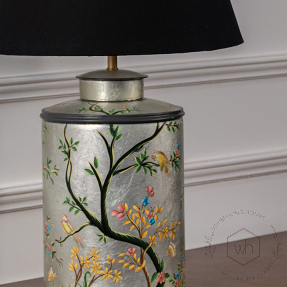 Oriental Orchard Silver Metal Table Lamp with Black Linen Lamp shade Closeup