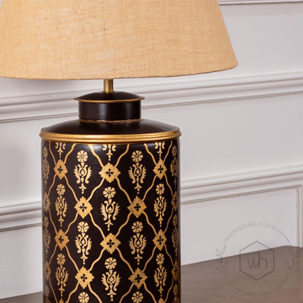 Kupe Kilim Metal Table Lamp with Beige Linen Lamp shade Closeup