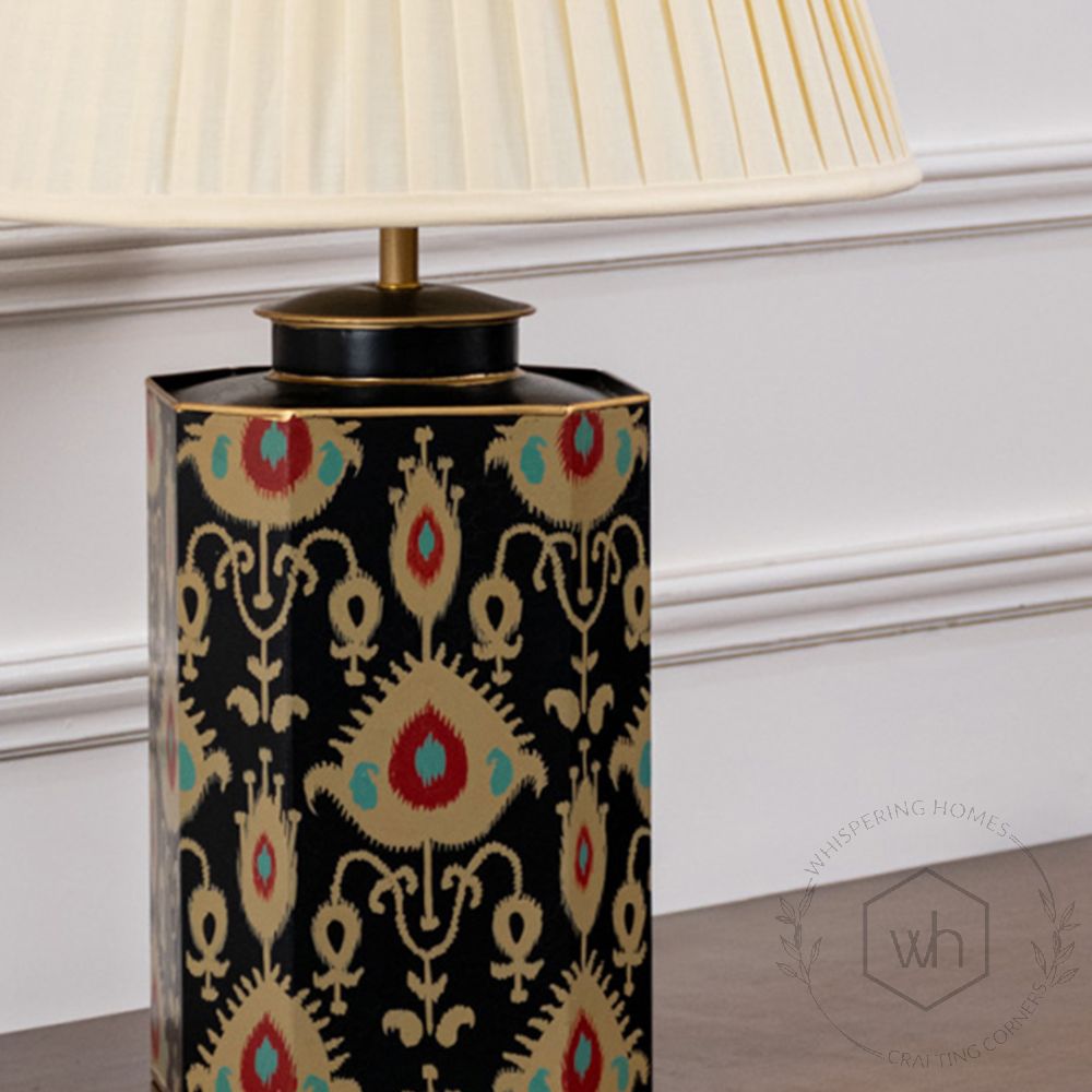 Bahari Ikat Black Metal Table Lamp with Off White Pleated Lamp shade Closeup