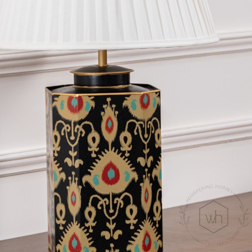 Bahari Ikat Black Metal Table Lamp with White Pleated Lamp shade Closeup