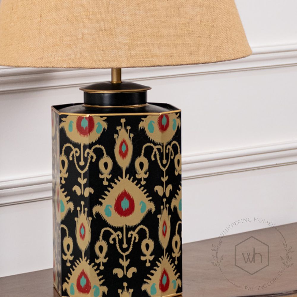 Bahari Ikat Black Metal Table Lamp with Beige Linen Lamp shade Closeup