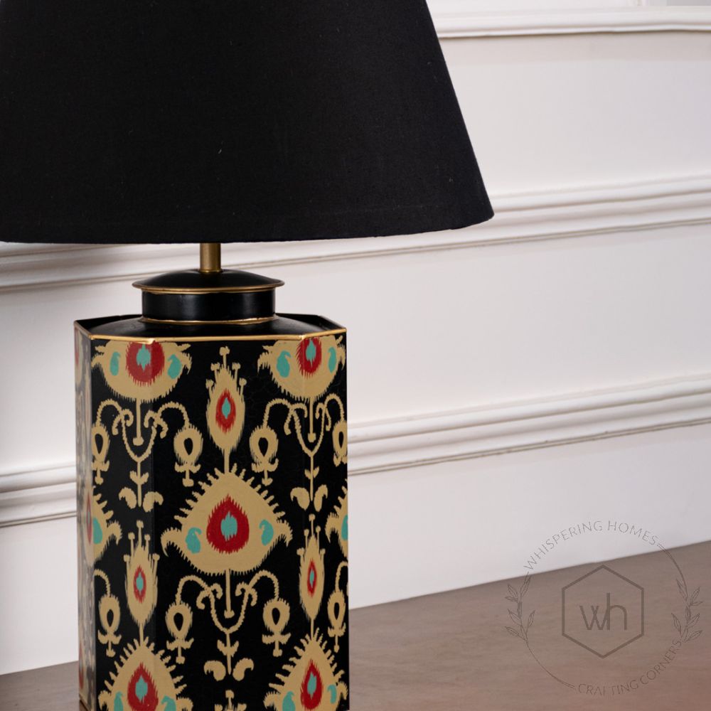 Bahari Ikat Black Metal Table Lamp with Black Linen Lamp shade Closeup