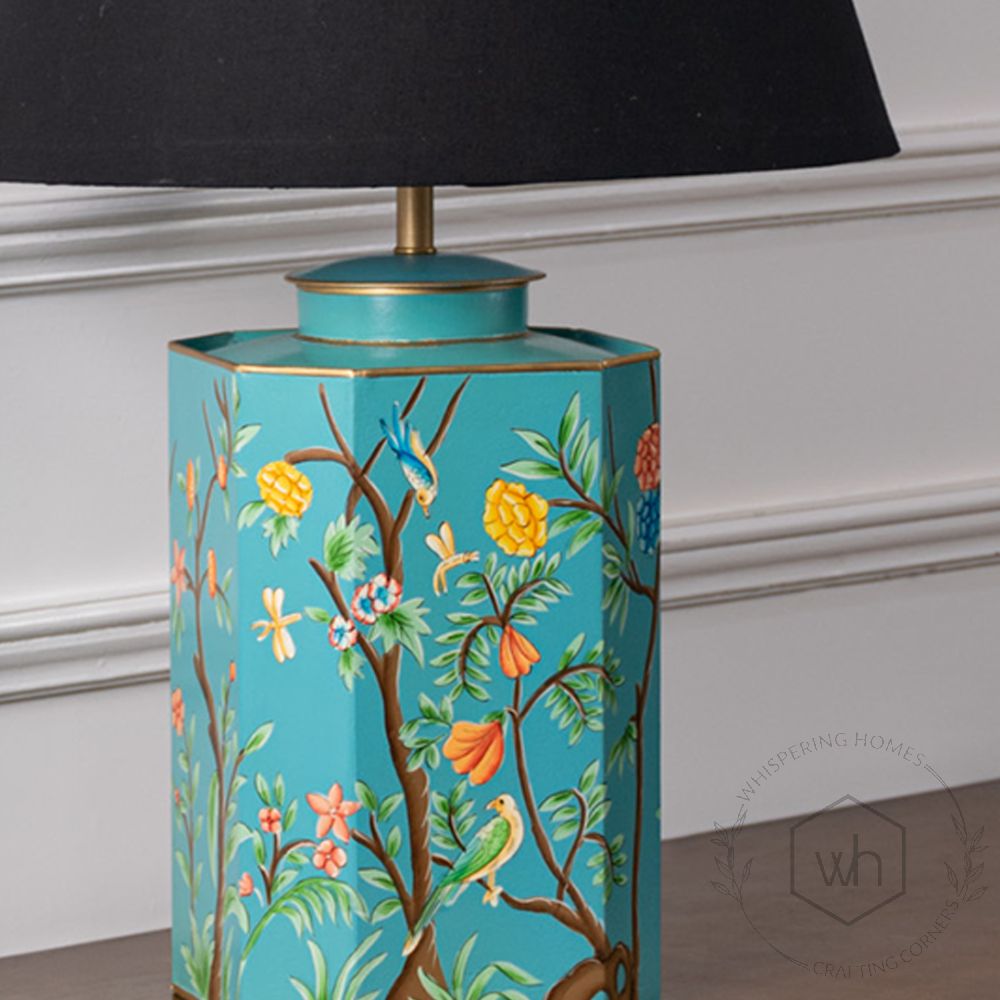 Lost Garden Metal Table Lamp with Black Linen Lamp shade Closeup