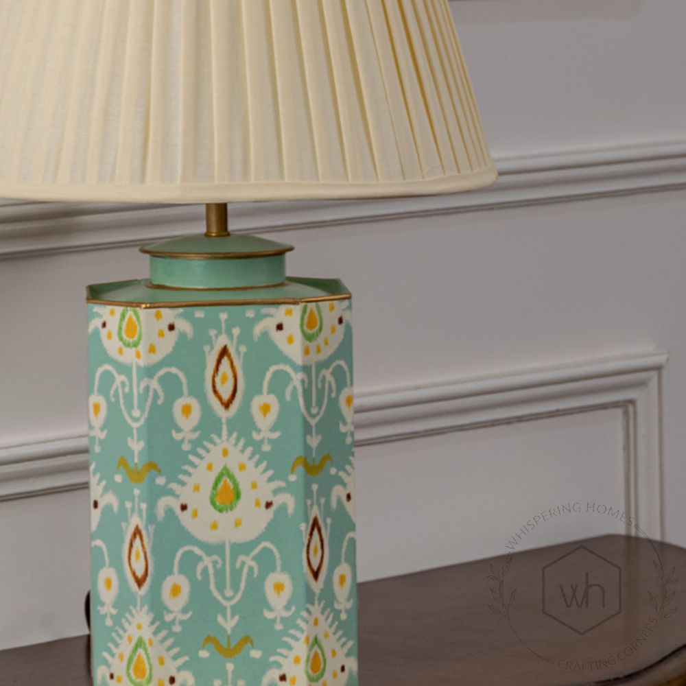 Bahari Ikat Blue Metal Table Lamp with Off White Pleated Lamp shade Closeup