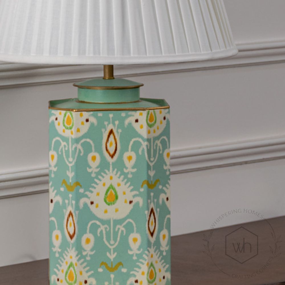 Bahari Ikat Blue Metal Table Lamp with White Pleated Lamp shade Closeup