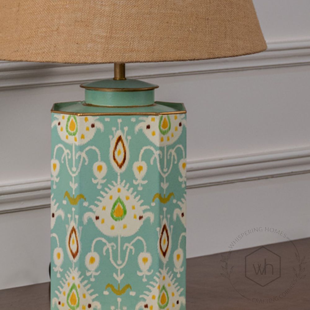 Bahari Ikat Blue Metal Table Lamp with Beige Linen Lamp shade Closeup