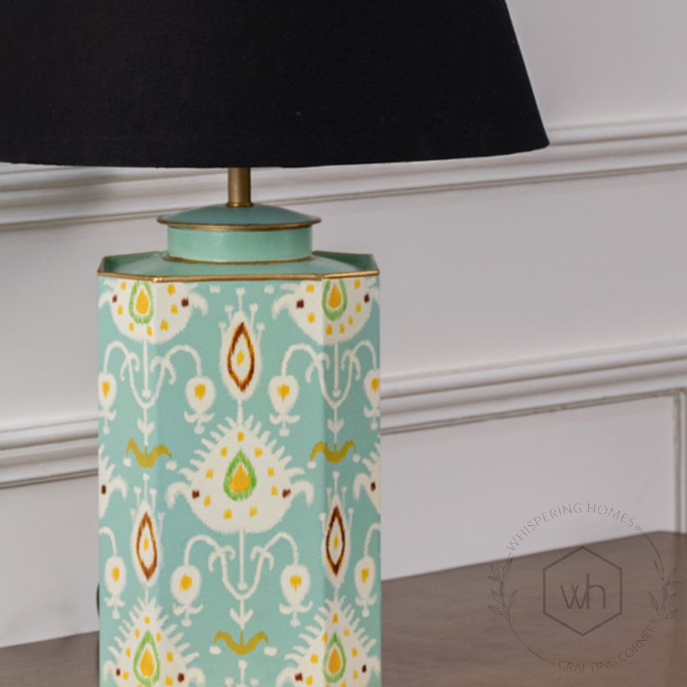 Bahari Ikat Blue Metal Table Lamp with Black Linen Lamp shade Closeup