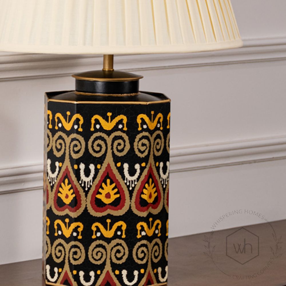 Festoon Damask Metal Table Lamp with Off White Pleated Lamp shade Closeup