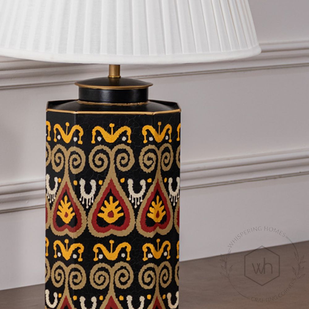 Festoon Damask Metal Table Lamp with White Pleated Lamp shade Closeup