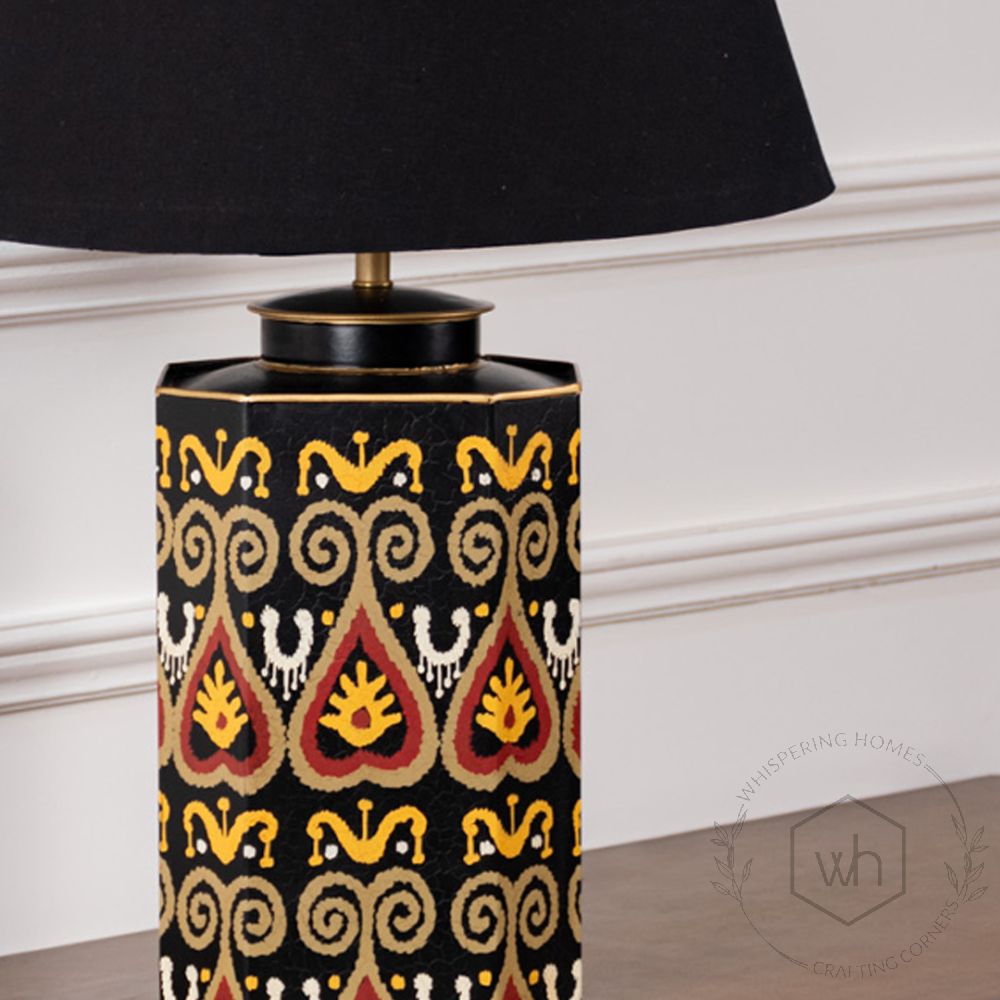 Festoon Damask Metal Table Lamp with Black Linen Lamp shade Closeup