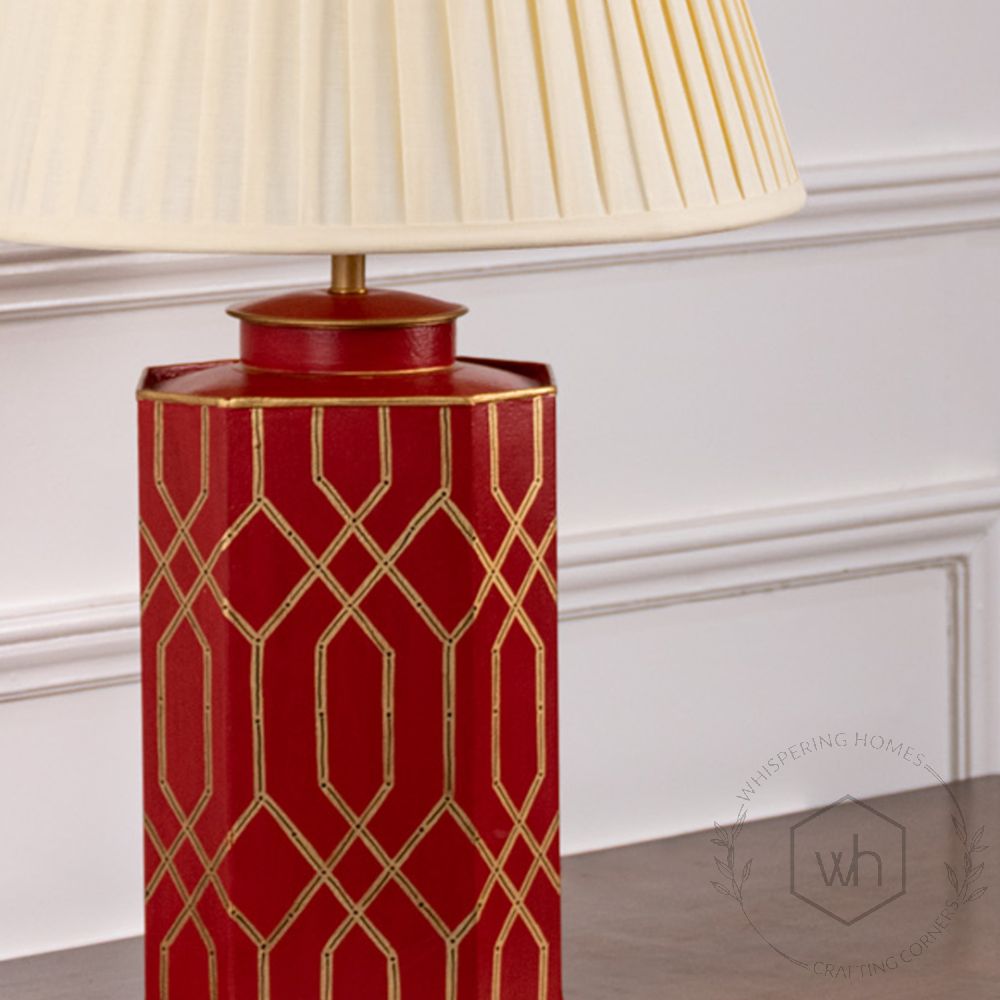 Kolam Vinyasa Metal Table Lamp with Off White Pleated Lamp shade Closeup