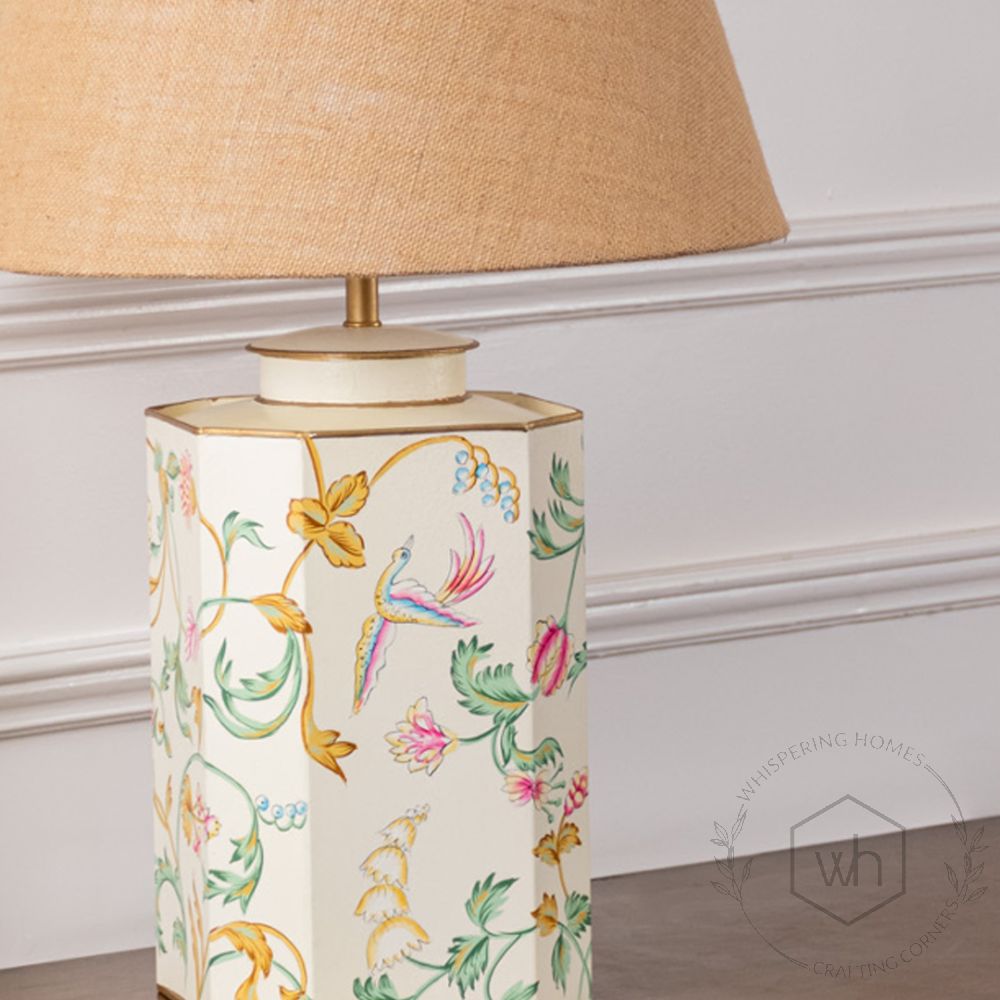 Lost Garden White Metal Table Lamp with Beige Linen Lamp shade Closeup