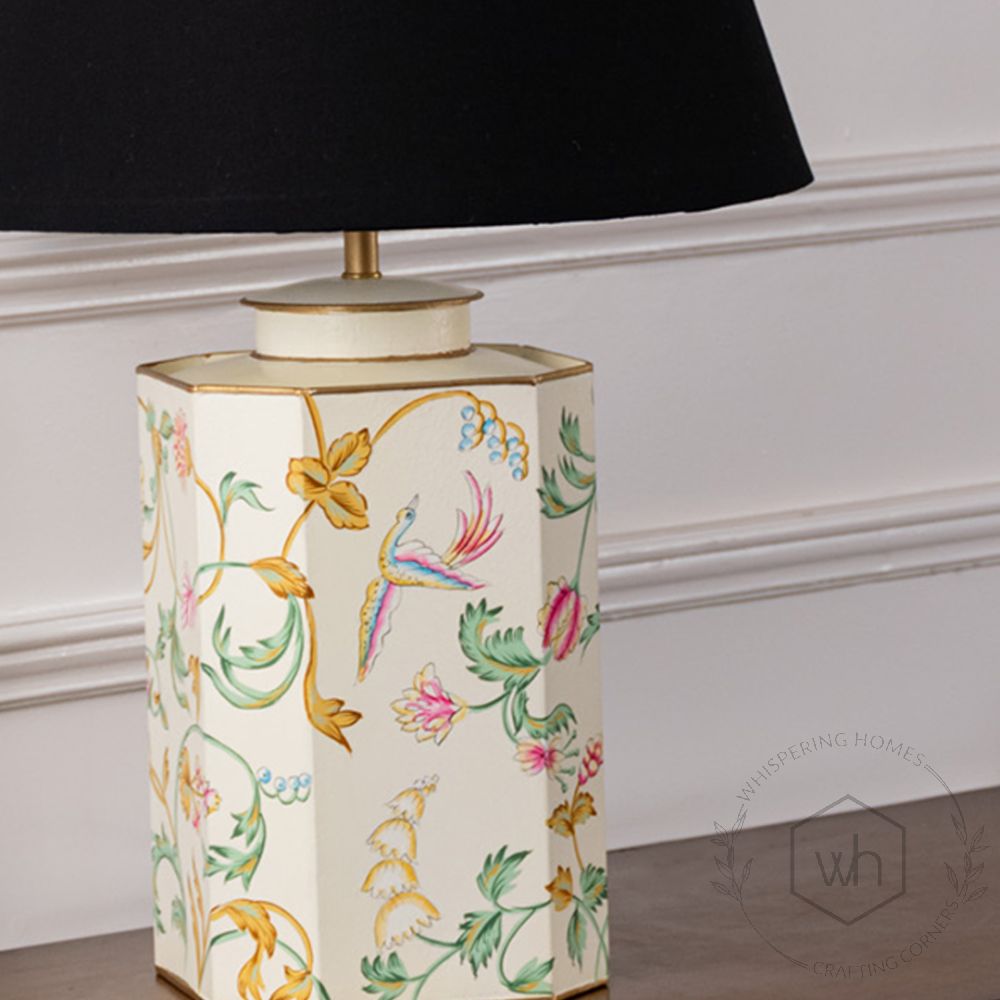 Lost Garden White Metal Table Lamp with Black Linen Lamp shade Closeup