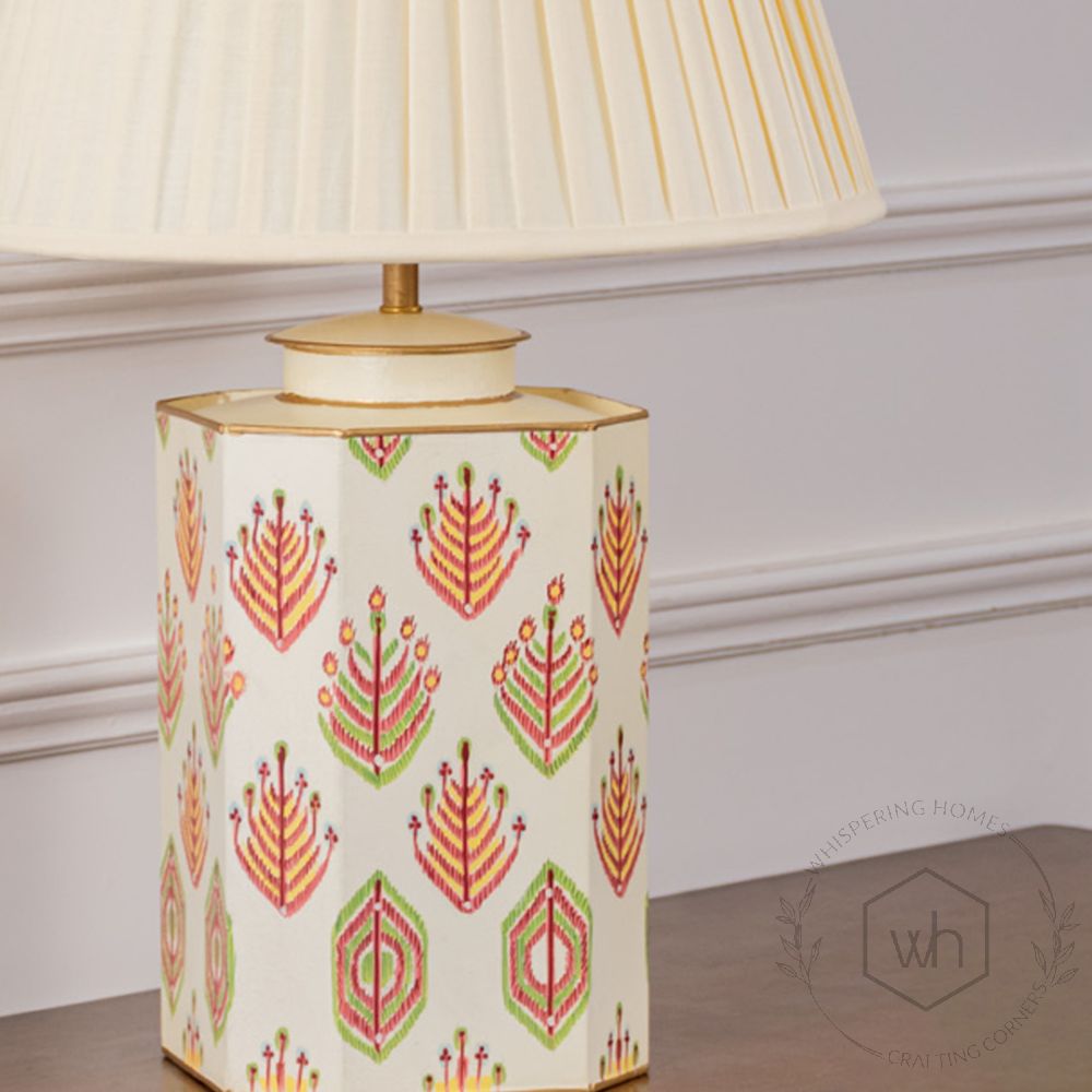 Warli Shankha Metal Table Lamp with Off White Pleated Lamp shade Closeup